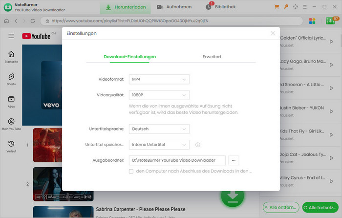 NoteBurner YouTube Playlist Downloader einstellen