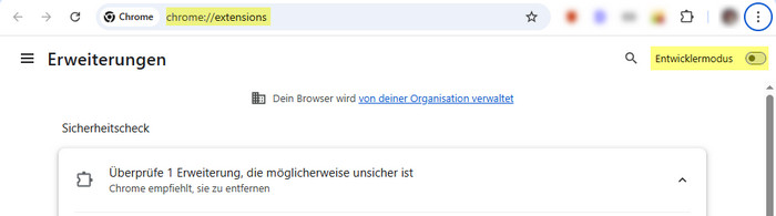 Erweiterungen Entwicklermodus aktivieren