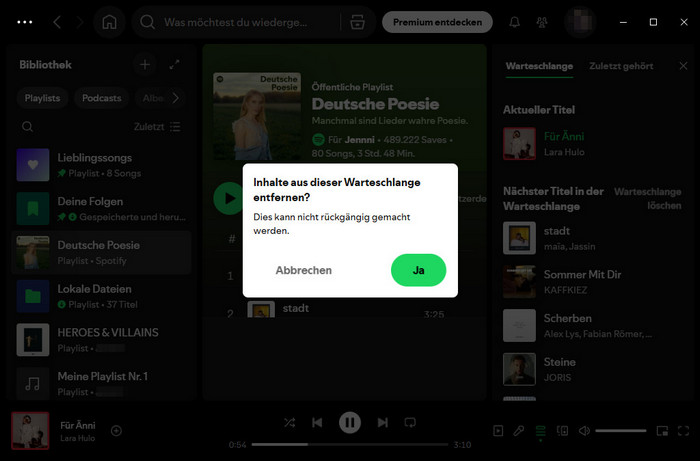 das Löschen der Spotify-Warteschlange bestätigen