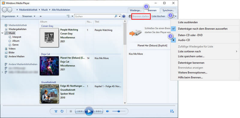 Musik mit Windows Media Player auf CD brennen