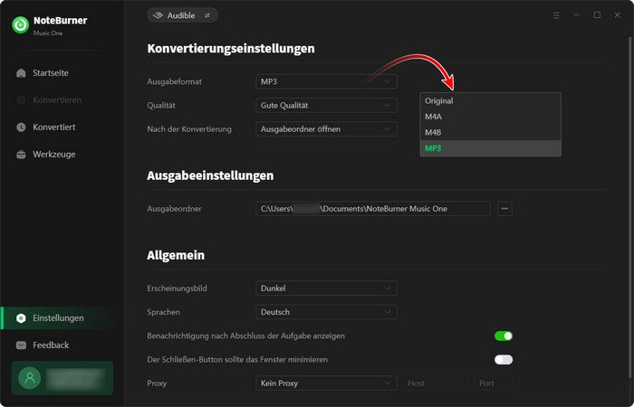 NoteBurner Audible Converter einstellen