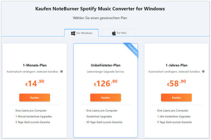 Abonnementpläne von NoteBurner Spotify Music Converter