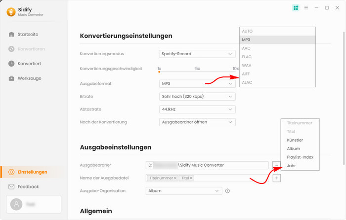 Ausgabeeinstellungen anpassen