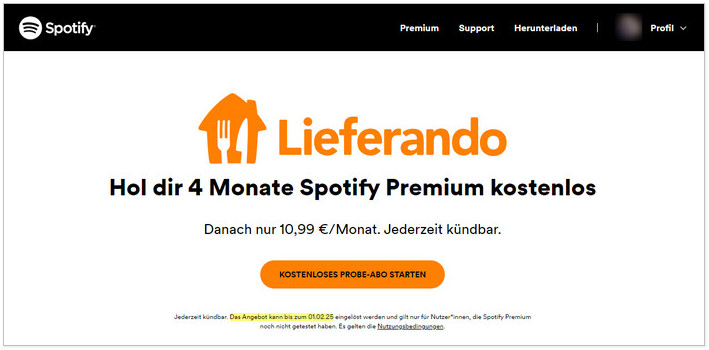 Spotify Premium über Lieferando erhalten