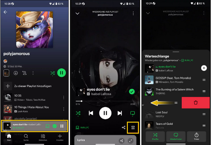 Spotify Warteschlange löschen auf dem Mobilgerät