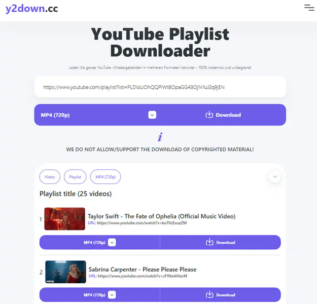 y2down.cc YouTube Playlist Downloader