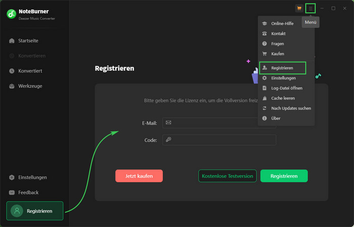 NoteBurner Deezer Music Converter registrieren