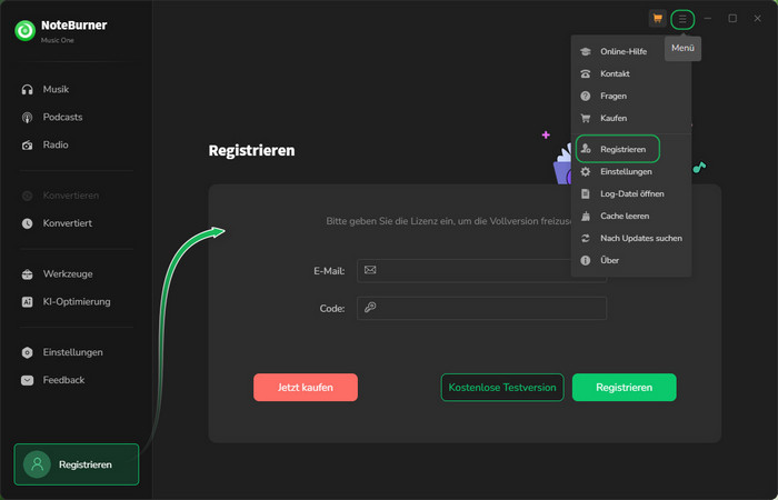 NoteBurner Music One registrieren