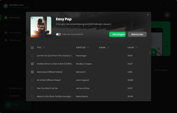 Songs von YouTube Music hinzufügen